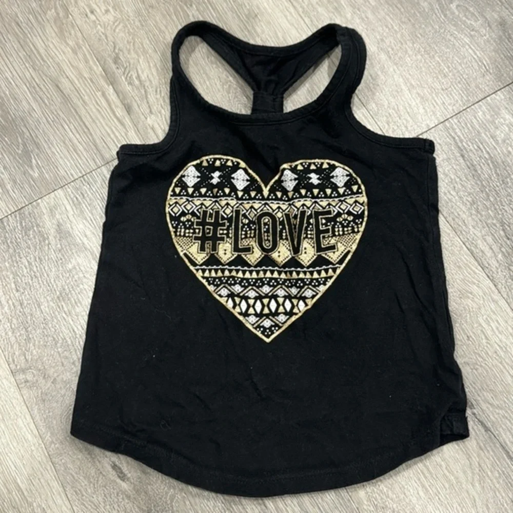 Youth Girls Black Summer Tank Top with Heart Gold Sparkle Size XS / 4